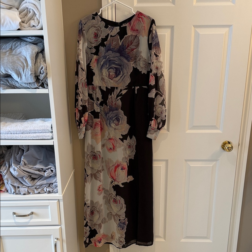 ASOS Petite Black and Pink Floral Long Sleeve Dress
